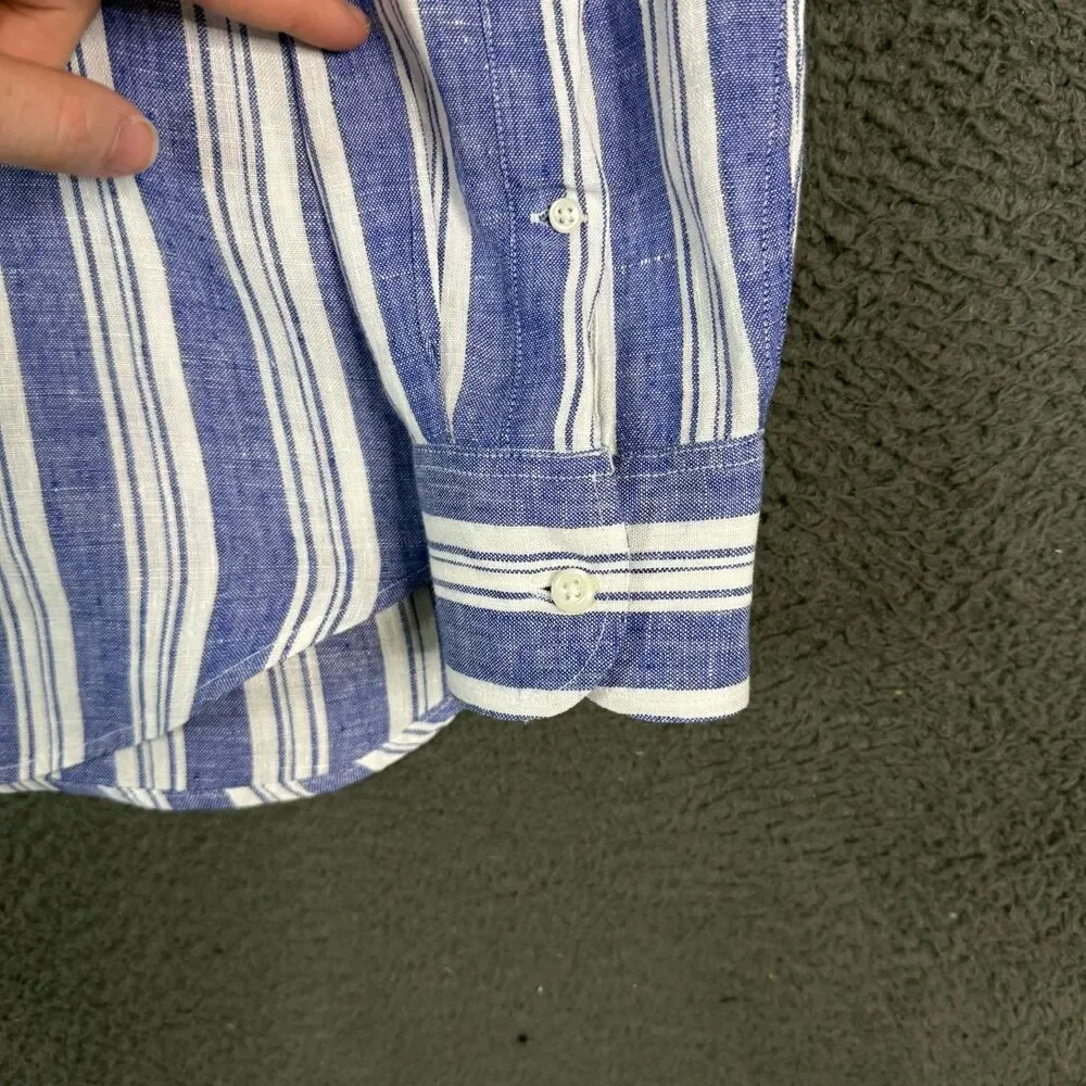J Crew Shirt Mens Medium 100% Linen Blue Striped Slim Fit Lightweight Preppy